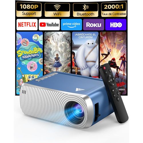 Mini Projecteur Video 4K 1080P Supporte, Videoprojecteur Portable avec WiFi et Bluetooth 5.4, Retroprojecteur de Cinéma D'extérieur, Projecteurs Vidéo avec Haut-Parleur pour Téléphone/HDMI/USB/Clé TV