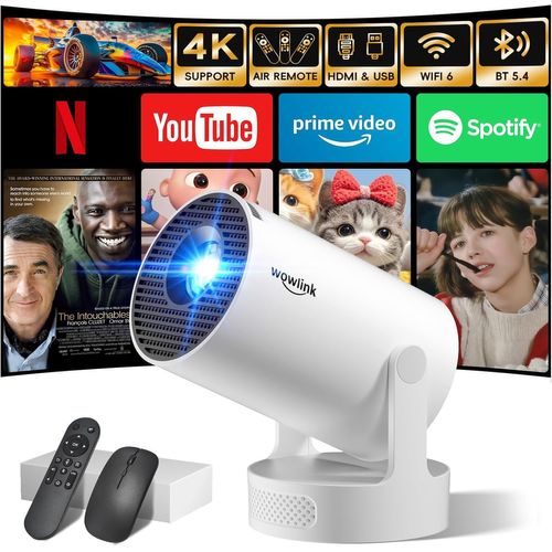 [Apps Intégrées&2025 Upgraded] Vidéoprojecteur Avec Wifi 6 Et Bluetooth 5.4 Mini Projecteur Supporte 4K 1080P Auto Keystone Rotation 180° Compatibile Avec Hdmi/Tv Stick/Memory Stick/Laptop,Blanc