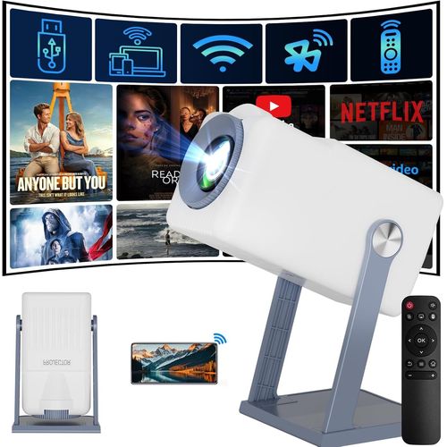 Vidéoprojecteur Mini Projecteur Portable TV 4K HD 1080P WiFi 6 & BT5.0, Android 11, Correction Automatique Verticale + Haut-Parleurs, retroprojecteur Rotation 360°, Projecteur Video Compatible Netflix