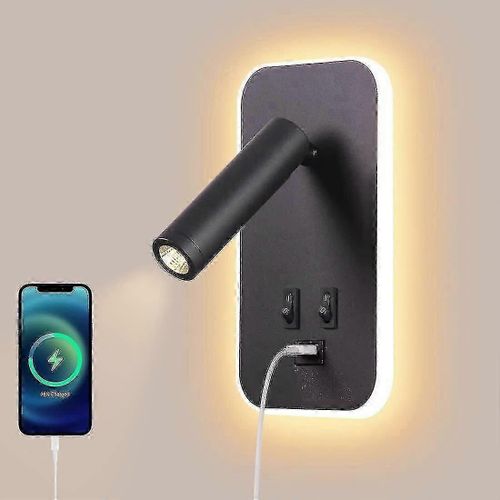 Applique Murale Led,Liseuse De Chevet Avec Interrupteur,Port De Charge Usb,Éclairage D'ambiance De Chambre À Coucher Spot Orientable (3w 3000k + 9w 6000k) Noir