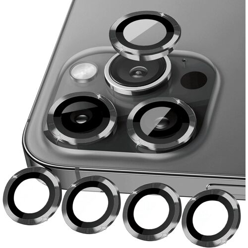 KAL-Lot De 4 Protections D'Appareil Photo Compatibles Avec Iphone 15 Pro Max Et Iphone 15 Pro -Verre Blindé -Anneau En Métal -Noir