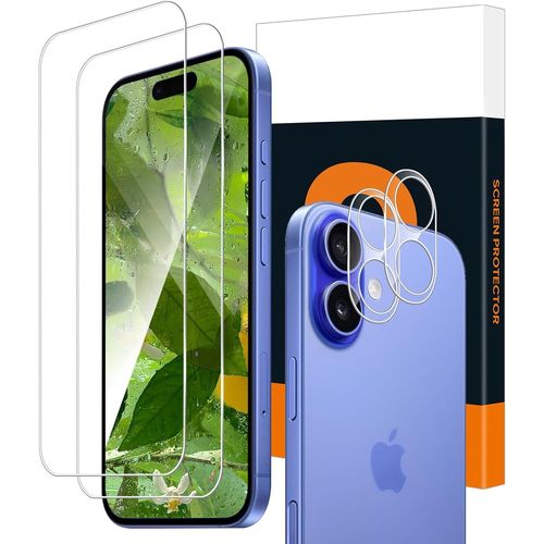 Kal-Lot De 2 Films De Protection D'écran En Verre Trempé Pour Iphone 16 Et 2 Films De Protection Pour Appareil Photo, Pas De Bulles Pour Iphone 16, Film De Protection D'écran Ultra Résistant 2,5d