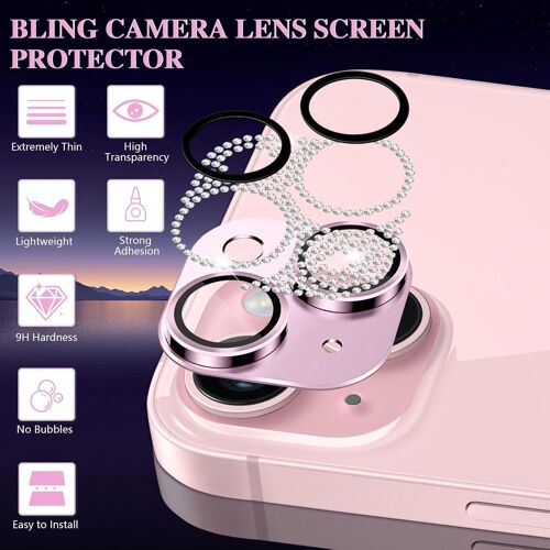 KAL-Caméra Protecteur Compatible Avec Iphone 15/Iphone 15 Plus, Ultra Hd 9H Dureté Anti Rayures Verre Trempé Diamant Caméra Coque Cover Pour Iphone 15/Iphone 15 Plus, Rose