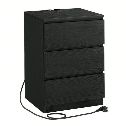 Table De Chevet Avec Multiprise, Table D'appoint Avec 3 Tiroirs, 2 Prises Ca, 2 Ports Usb, Noir Boisé