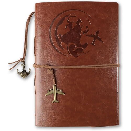Jexnovashop-Carnet De Note Cuir A5 Journal À Spirale Rechargeable Vintage Carnet De Voyage Brun Rétro Agenda Croquis Dessin Cadeau Pour Anniversaire Noël Fille Garçon Ami Proche (Motif D'avion)