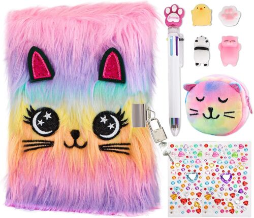 JEXNOVASHOP-Journal Intime Fille, Carnet Secret avec Clé Et Cadenas, 160 Pages A5 Journal Cahier, Carnet avec 4 Jouets de Décompression, Sac à Main, Stylo Multicolore, Cadeau pour enfants 6 7 8 9 Ans
