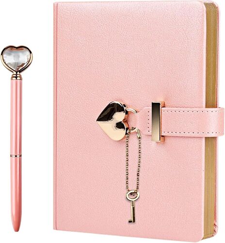 JEXNOVASHOP-Journal Intime Fille avec Cadenas en Forme de Coeur, B6 Carnet de Notes avec Stylo Diamant Coeur et Clé, Journal de Voyage en Cuir PU, Cahier de Filles, Bloc-Notes Secret pour Fille, 135x