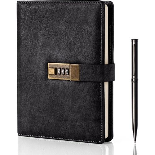 Journal Intime Code,A5 Journal En Cuir Pu Avec 240 Pages,Vintage Diary Avec Serrure,Journal Intime Garçon Fille,Convient Aux Élèves De Bureau Et D'école,8.6 X 5.8 Pouces,Noir