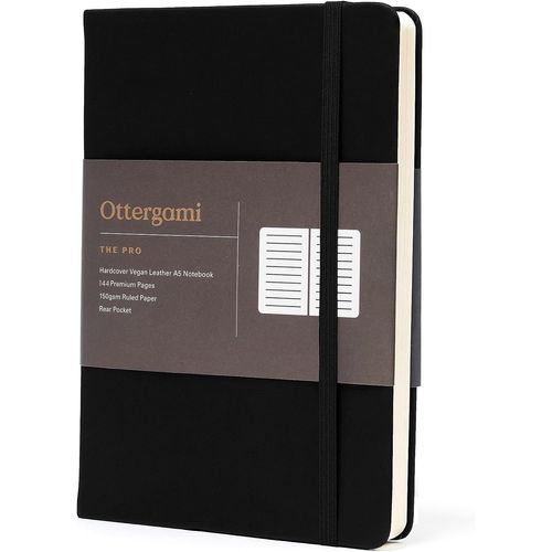 Carnet De Notes A5 Ligné,144 Pages,Noir-Carnet De Notes Cuir Vegan 15 X 21 Cm-Papier Épais 150g/M²,Couverture Rigide,Élastique Et Poche Intérieure-Cahier Journal En Cuir The Pro