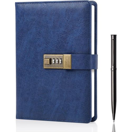 Journal Intime Code,A5 Journal En Cuir Pu Avec 240 Pages,Vintage Diary Avec Serrure,Journal Intime Garçon Fille,Convient Aux Élèves De Bureau Et D'école,8.6 X 5.8 Pouces,Bleu
