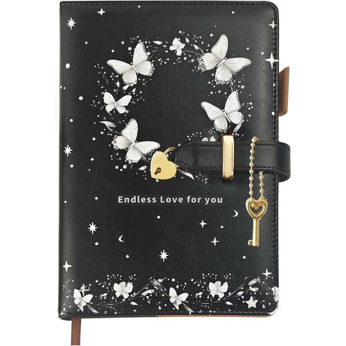 ChenQuanSarl-Journal Avec Cadenas C?ur Et Papillon Uv ¿ Carnet A5 Pour Filles Et Adultes, 200 Pages (100 G/M²), Ligné 8 Mm, Porte-Stylo, Marque-Page ¿ Idée Cadeau En Noir
