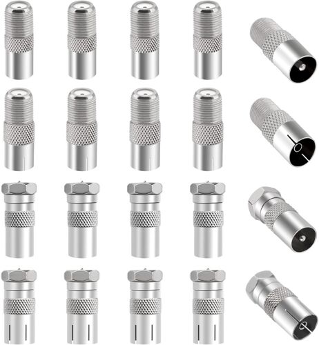 20 Pièces Adaptateur de F Mâle Femelle à Mâle Femelle Coaxiale RF, TV 9.5 Mâle Femelle vers Connecteur à Vis de Type F Convertisseur, Adaptateur Antenne TV vers F Connecteur, Plaqué Nickel