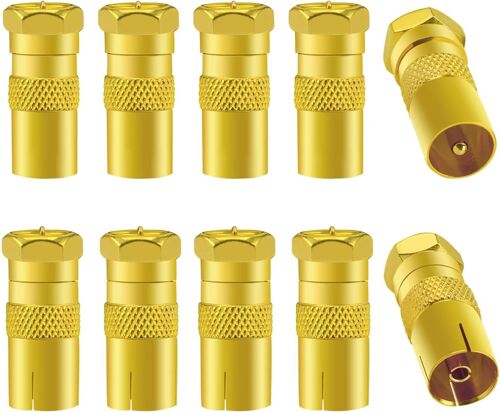 10 Pièces Adaptateur de F Mâle à Mâle Femelle Coaxiale RF, TV 9.5 5 Mâle & 5 Femelle vers Connecteur à Vis de Type F Convertisseur, Adaptateur Antenne TV Femelle Mâle vers F Mâle, Plaqué Or
