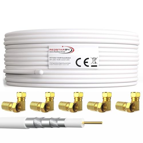 50m Câble Coaxial SAT 135dB Digital|Classe A+|Blindage 5x pour Ultra HD 4K DVB-S/S2,DVB-C/C2,DVB-T|Câble d'Antenne Coaxial pour Installations CATV|Blanc avec 10 Connecteurs F