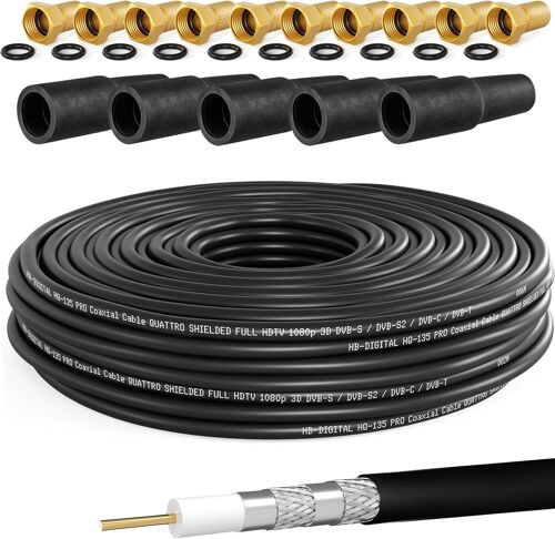 Câble coaxial SAT HQ-135 PRO de 50 m avec 5 douilles en caoutchouc + 10 fiches F plaquées or gratuites|Câble d'antenne satellite quadruple blindage|Pour installations DVB-S/S2 DVB-C/C2