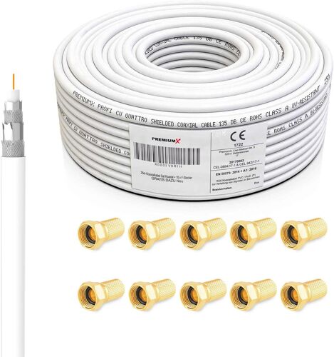 professionnel câbles coaxiaux 25m-Câble satellite blanc|Cuivre pur|Câble d'antenne blindé à 4 voies|Inclut 10 connecteurs F-Supporte 8K,4K et 3D pour Sat,Câble,DVB-T