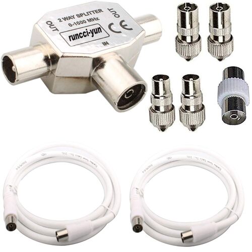 Connecteur coaxial d'antenne coaxiale¿pour type T/F Distributeur d'antenne entièrement blindé Distributeur bidirectionnel pour adaptateurs TV/T+2pcs Câble Répartiteur d'antennes