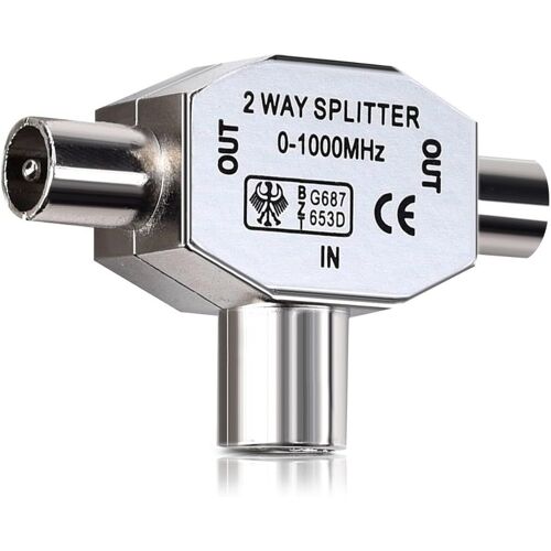 Répartiteur d'antennes en T - Distributeur antenne 2 Voies - 2X Prise coaxial pour DVB-T/BK - 0-1000 MHz - Coupleur Alimentation TV(Q135)