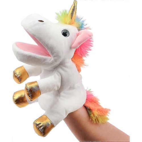 Marionnette licorne en peluche avec bouche ouverte et mobile pour un jeu imaginatif, un jeu de rôle, un jouet interactif pour raconter des histoires, enseigner le théâtre de marionnettes, un anniversaire