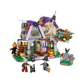 Maison magique d'Halloween : citrouille, homme de paille, mini blocs de construction pour chat noir, cadeau d'Halloween/Thanksgiving/Noël