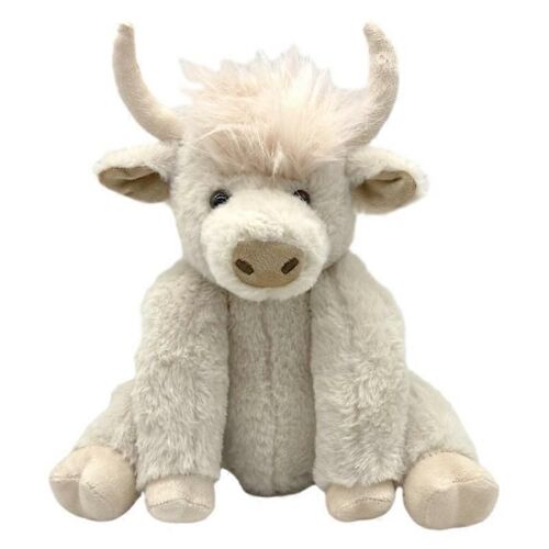 Poupée en peluche articulée en forme de vache écossaise des Highlands, avec poils longs et son yak-Blanc