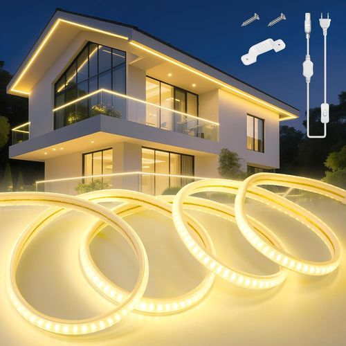 Ruban Led Exterieur Etanche 5m, Blanc Chaud Néon Bandeau Led 220v Etanche Ip65 Bande Lumineuse Ultra Haute Luminosité 145leds/M Pour Chambre Cuisine Intérieur Extérieur, Inclus Adaptateur