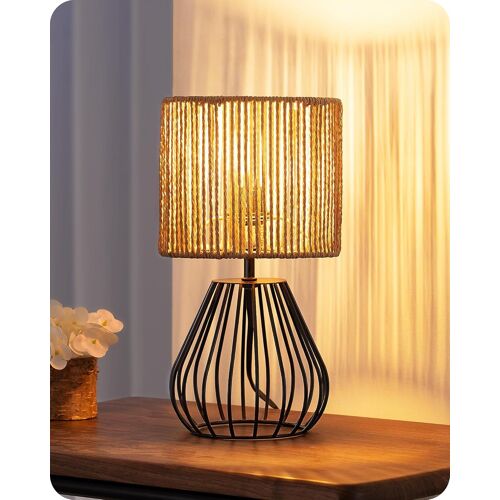 Lampe De Chevet Vintage, Boho Abat-Jour Tissée À La Main Et Base Cage En Fer, E14 Led Ampoule Incluse, Lumière De 2700k Blanc Chaud, Lampe De Table Industriel Pour Chambre, Salon, Bureau