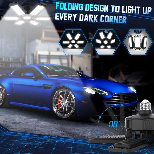 Éclairage LED Garage 185W 1 Pièce, E27/E26 Lampe d'atelier Déformable à 6 Panneaux Ajustables 18500LM Super Brillant Plafonnier LED pour Garages, Sous sol, Atelier, Entrepôt