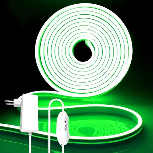 Kalanka-Ruban Led Néon Vert 5m, 12v Néon Bande Led Lumineuse Ip65 Etanche Silicone Découpable Flexible Néon Lumière Pour Chambre, Fête, Bar, Cuisine Décoration (Avec Adaptateur Secteur)