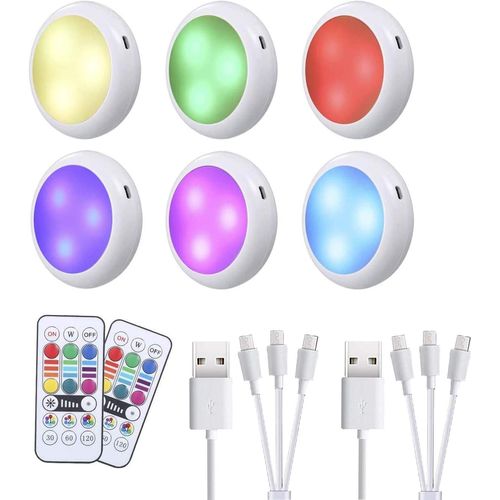 Éclairage Led Sans Fil Sous Meuble ¿ Rechargeable Par Usb ¿ Télécommande Rvb ¿ Luminosité Réglable ¿ Pour Cuisine, Bibliothèque, Vitrine, Garde-Manger. (6 Pièces) (6,5 X 2,5 Cm)