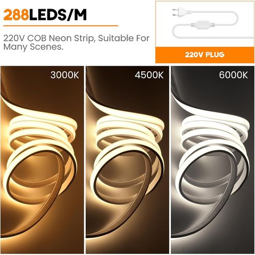 Bandeau Led Cob 220v, Ip65 Étanche Flexible Néon Led Strip 288 Leds/M Bandes À Led Ruban Pour Diy Chambre, Cuisine, Exterieur Maison Décoration - Blanc Chaud, 4 Mètres - Classe Énergétique F