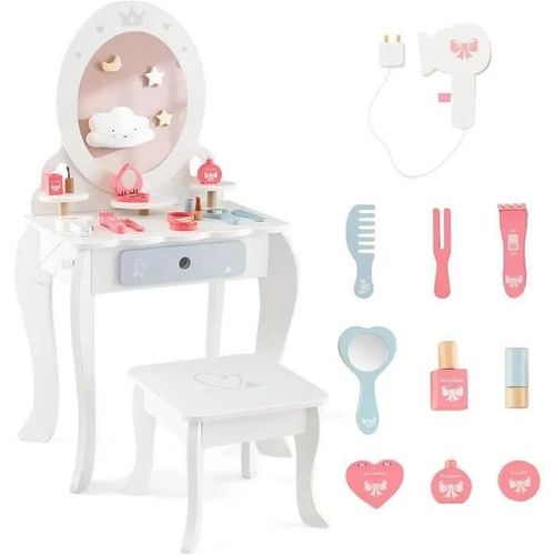 Costway 2 En 1 Coiffeuse Et Tabouret Enfants - Miroir Ovale Amovible, 10 Jouets D'habillage, Tiroir - Table Cosmétique Pour 3+ Ans