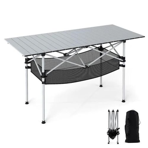 Table De Jardin Extérieur Pliante Costway, Plateau Roulable En Aluminium, Panier, Sac De Transport, Pour Camping Plage Pêche,Argent