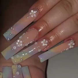 Presse Longue Ongles Rose Carré Français Faux Ongles Ongles D'été Violet Couverture Complète Acrylique Scintillant Faux Ongles Strass 3d Fleur Design Ongles Carrés F 