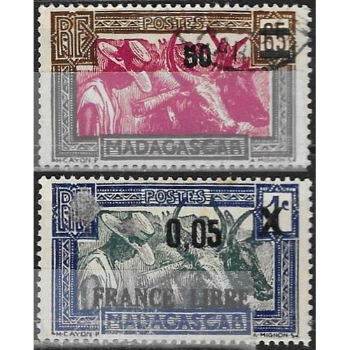 Madagascar, Protectorat Français 1942, Beaux Timbres Yvert Neufs** / Obli., Attelage De Zébus, Yvert 234, 65c. Brun Et Lilas Surchargé "50", Et 240, 1c. Bleu Et Vert Bleu Surchargé "0.05 France Libre"