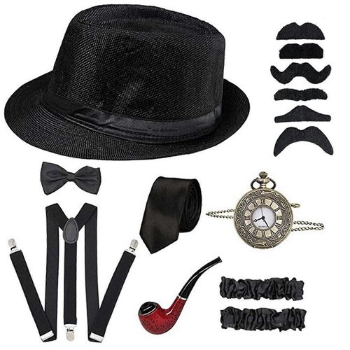 1920 Mens Gatsby Costume Accessoire Ensemble Avec Panama Gangster Chapeau Barbe Réglable Bretelles Élastiques 8pcs Nouveau
