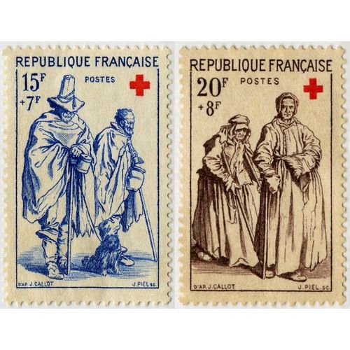France 1957, Beaux Timbres Neufs* - Sans Gomme Yvert 1140 Et 1141, Paire Croix Rouge, Gravures De Jacques Callot, "L'Aveugle Et Le Mendiant" Et "La Mendiante Et La Borgnesse".