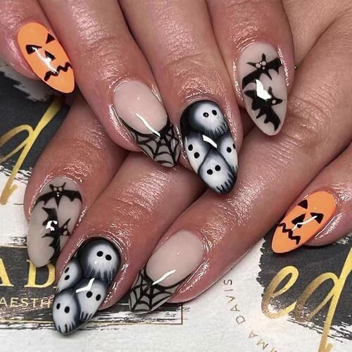 24pcs Halloween Presse Sur Les Ongles Medium Long Faux Ongles Araignées Web Chauve-Souris Ghost Horror Design Stick Sur Les Ongles Ongles Artificiels Amande Goth Faux Nails Hall 