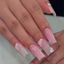 Presse Sur Les Ongles Longueur Moyenne Perle Dégradé Rose Faux Ongles Carré Brillant Brillant 3d Fleur Faux Ongles Ongles Artificiels Doigt Nail Art Pour Les Femmes Et 