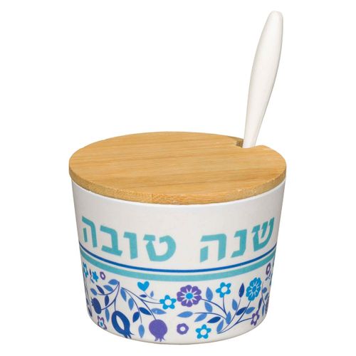 Pot À Miel De Roch Hachana En Bambou Fleurs Bleues