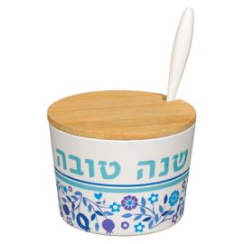 Pot À Miel De Roch Hachana En Bambou Fleurs Bleues
