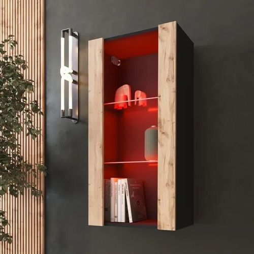 Vitrine Murale Komodee Tivoli - Led Rvb - Bois Naturel Et Noir - Facades En Mat - 50 X 100 X 29 Cm
