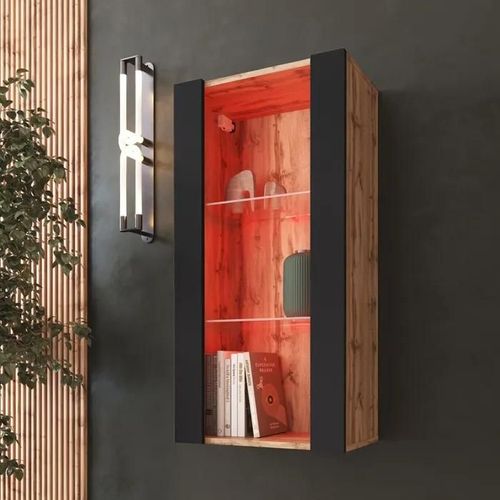 Vitrine Murale Komodee Tivoli - Led Rvb - Noir Et Bois Naturel - Facades En Mat - 50 X 100 X 29 Cm
