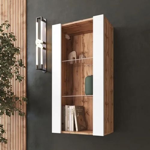 Vitrine Murale Komodee Tivoli - Sans Led - Blanc Et Bois Naturel - Facades En Mat - 50 X 100 X 29 Cm