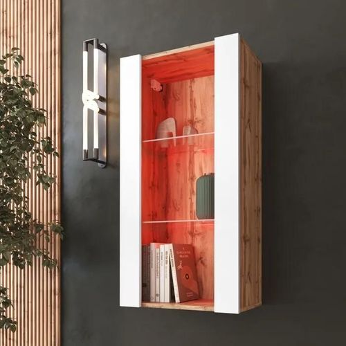 Vitrine Murale Komodee Tivoli - Led Rvb - Blanc Et Bois Naturel - Facades En Mat - 50 X 100 X 29 Cm