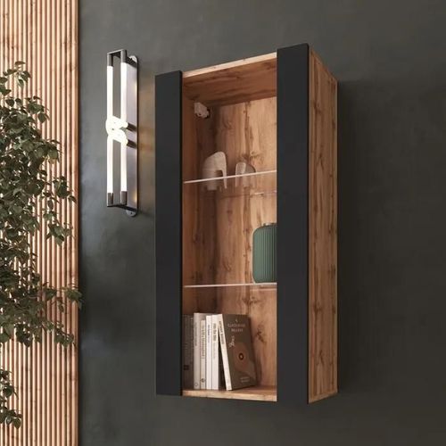 Vitrine Murale Komodee Tivoli - Sans Led - Noir Et Bois Naturel - Facades En Mat - 50 X 100 X 29 Cm