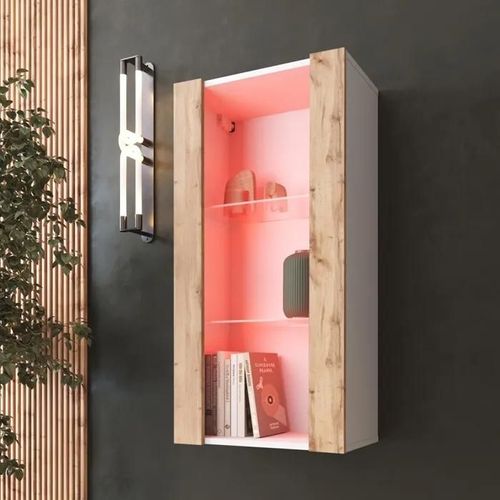 Vitrine Murale Komodee Tivoli - Led Rvb - Bois Naturel Et Blanc - Facades En Mat - 50 X 100 X 29 Cm