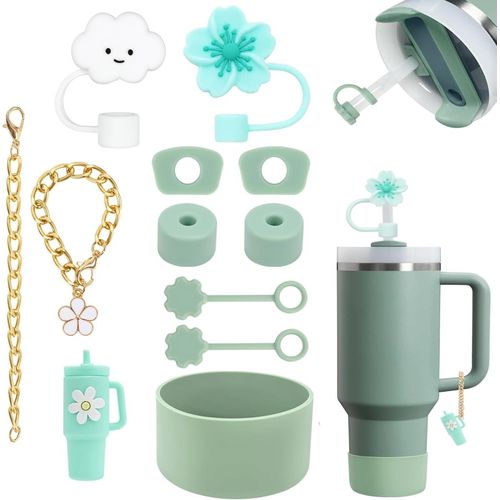 Accessoires Pour Gobelet Stanley Cup 30 Oz 40 Oz,Comprenant Une Sangle Pour Bouteille D'eau,Un Porte-Baume À Lèvres,Une Botte,Des Breloques Pour Porte-Clés Et Un Capuchon Pour Paille (Vert) 