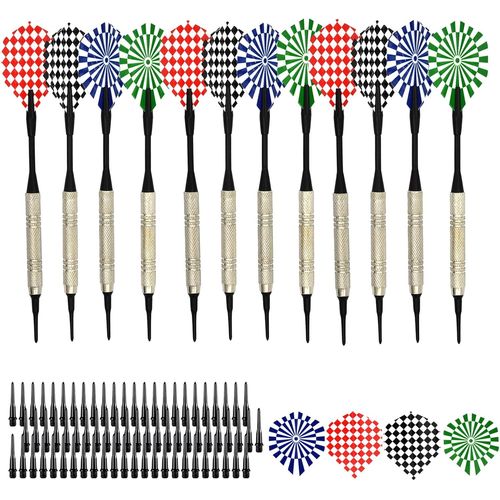 Jeu de fléchettes,fléchettes Souples 12 pièces pour Jeu de fléchettes électronique avec 100 Embouts en Plastique Noir supplémentaires pour Bar de Salle de Loisirs et Salle de Jeux (14g)
