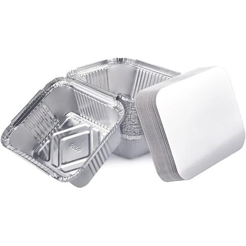 Lot de 25 Barquettes en Aluminium Jetables avec Couvercle pour Transport de Nourriture-Congélation-Barbecue-Cuisson au four (450 ml)